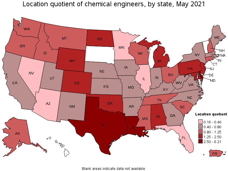 Map of location quotient of chemical engineers by state, May 2021