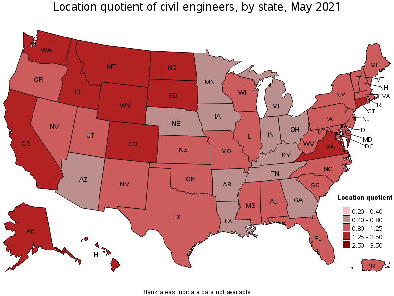 Map of location quotient of civil engineers by state, May 2021