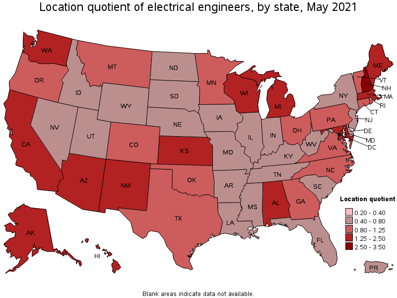 Map of location quotient of electrical engineers by state, May 2021