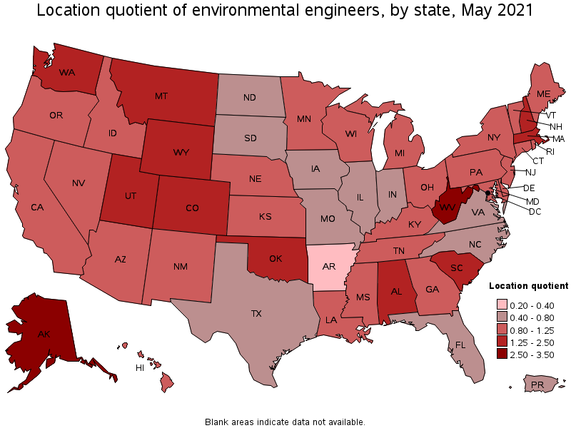 Map of location quotient of environmental engineers by state, May 2021