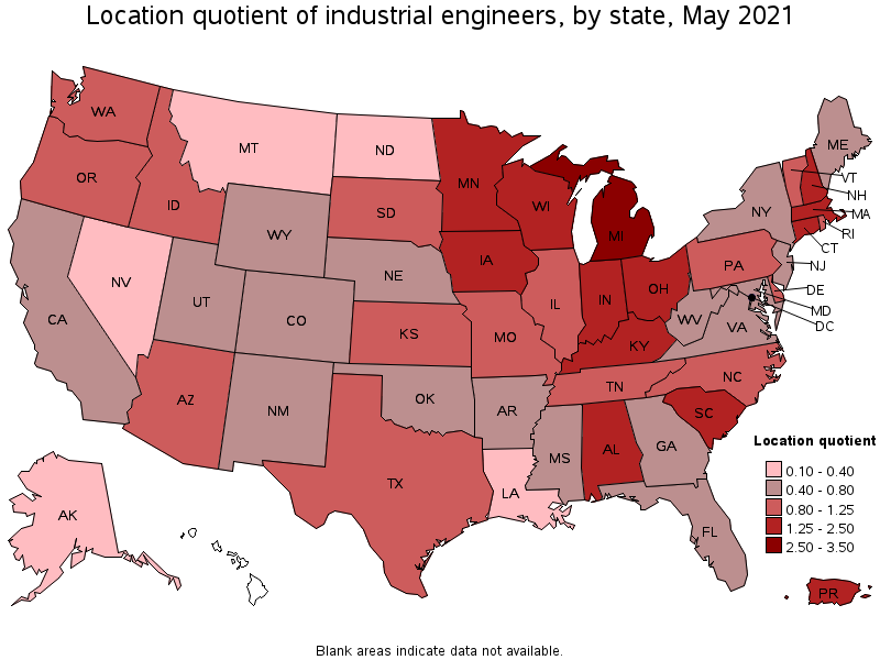 Map of location quotient of industrial engineers by state, May 2021