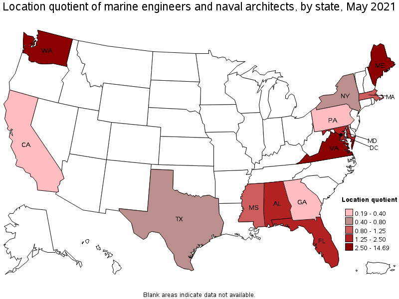 Map of location quotient of marine engineers and naval architects by state, May 2021