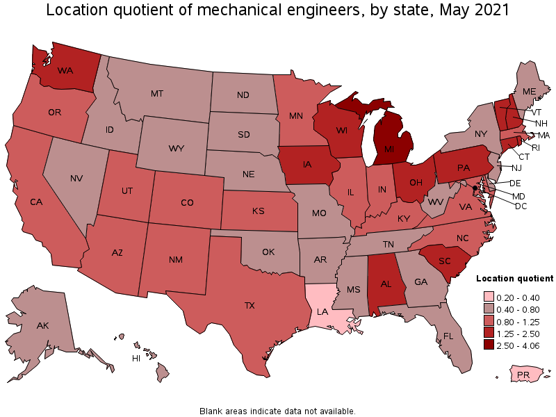 Map of location quotient of mechanical engineers by state, May 2021