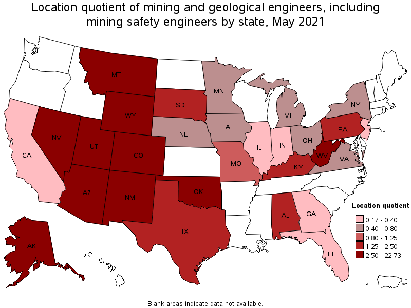 Map of location quotient of mining and geological engineers, including mining safety engineers by state, May 2021