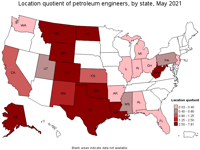 Map of location quotient of petroleum engineers by state, May 2021