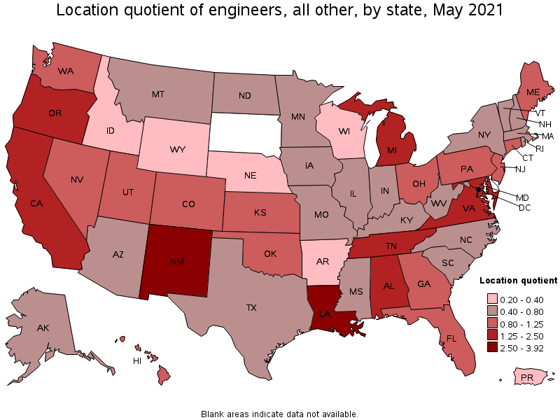 Map of location quotient of engineers, all other by state, May 2021