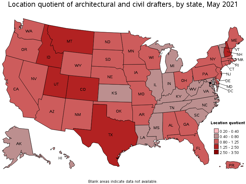 Map of location quotient of architectural and civil drafters by state, May 2021