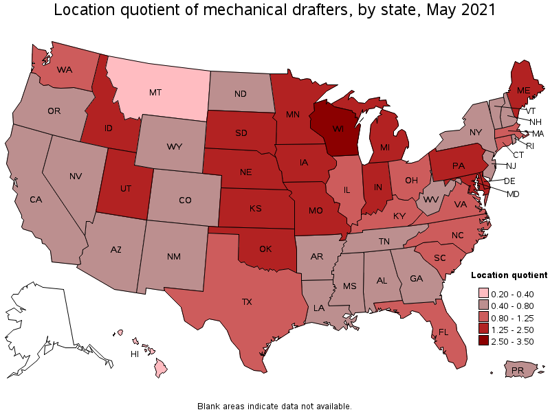 Map of location quotient of mechanical drafters by state, May 2021