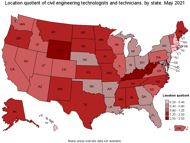 Map of location quotient of civil engineering technologists and technicians by state, May 2021
