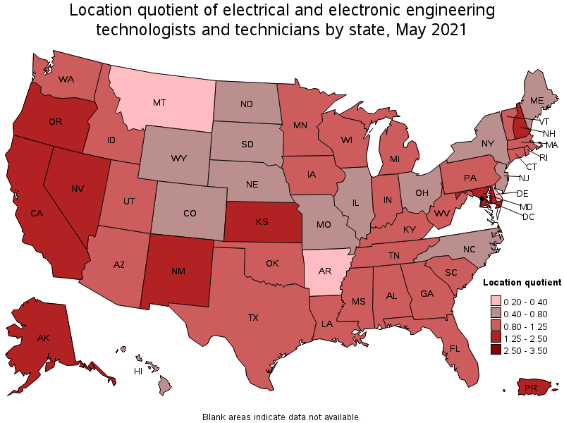 Map of location quotient of electrical and electronic engineering technologists and technicians by state, May 2021