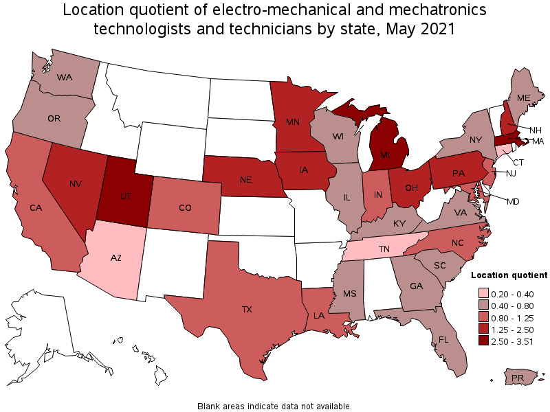 Map of location quotient of electro-mechanical and mechatronics technologists and technicians by state, May 2021