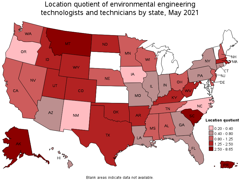 Map of location quotient of environmental engineering technologists and technicians by state, May 2021