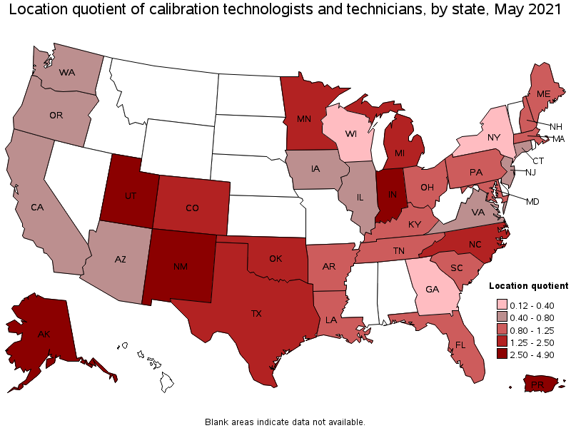 Map of location quotient of calibration technologists and technicians by state, May 2021