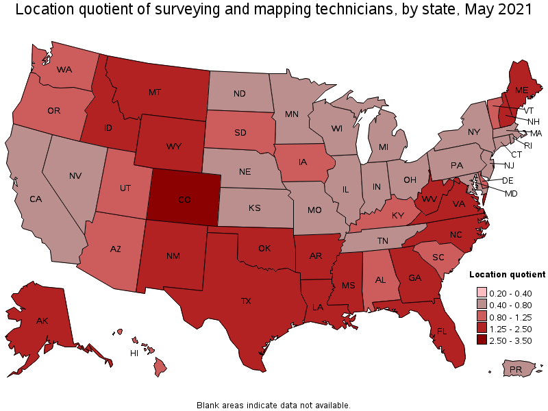 Map of location quotient of surveying and mapping technicians by state, May 2021