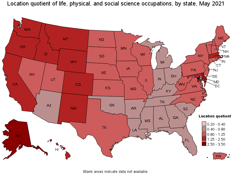 Map of location quotient of life, physical, and social science occupations by state, May 2021