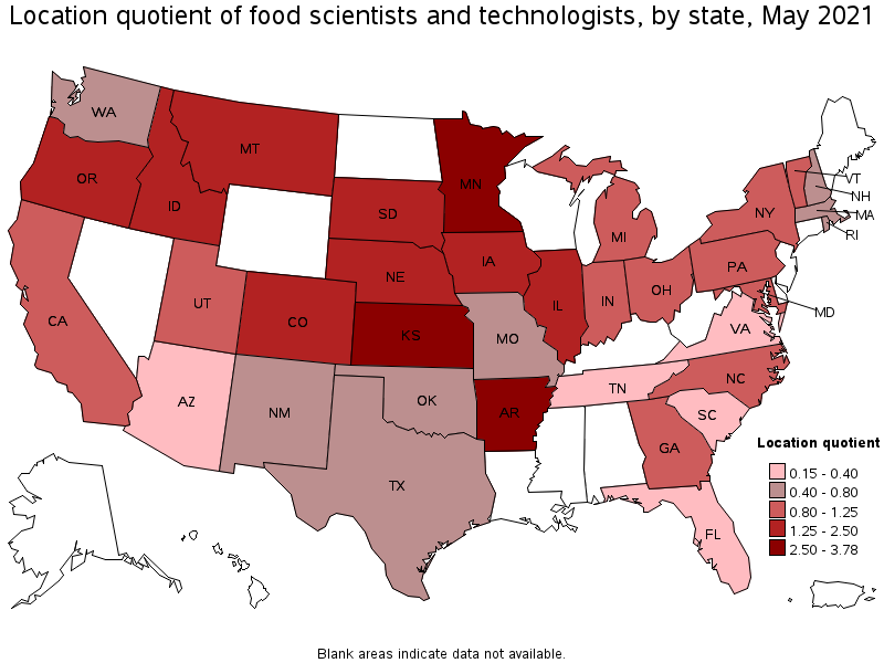 Map of location quotient of food scientists and technologists by state, May 2021