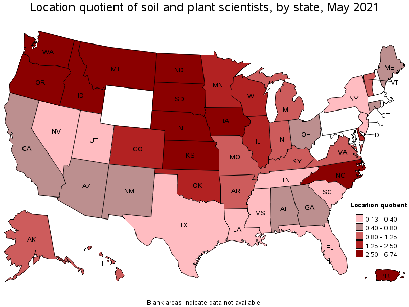 Map of location quotient of soil and plant scientists by state, May 2021
