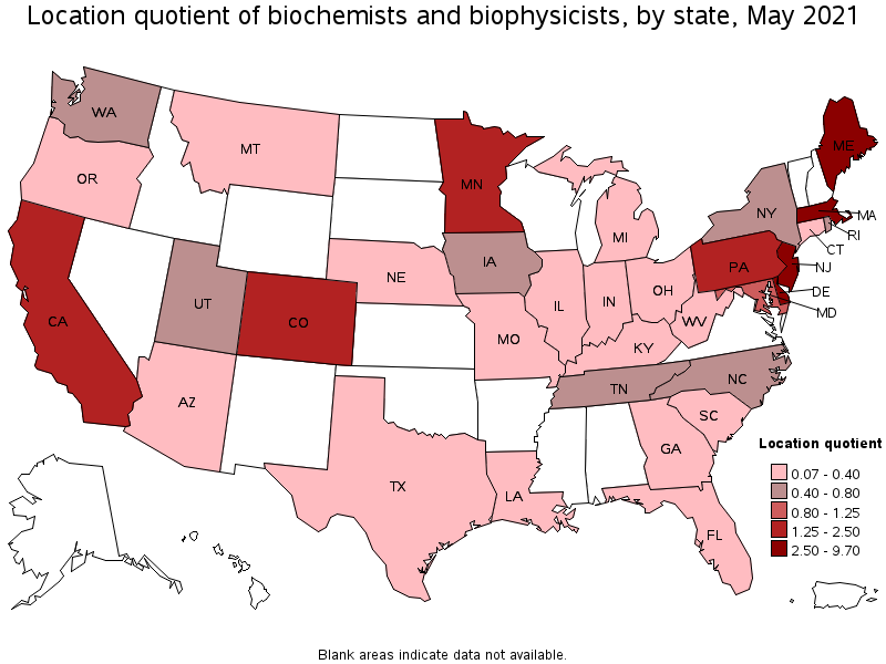 Map of location quotient of biochemists and biophysicists by state, May 2021