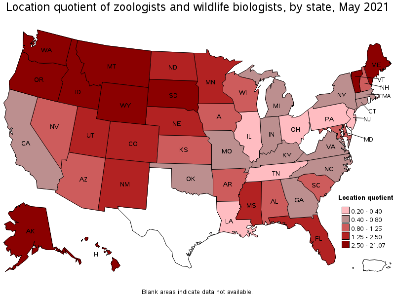 Map of location quotient of zoologists and wildlife biologists by state, May 2021