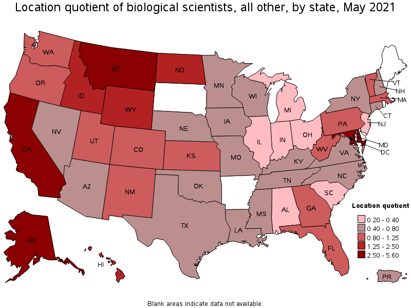 Map of location quotient of biological scientists, all other by state, May 2021