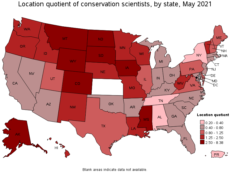 Map of location quotient of conservation scientists by state, May 2021