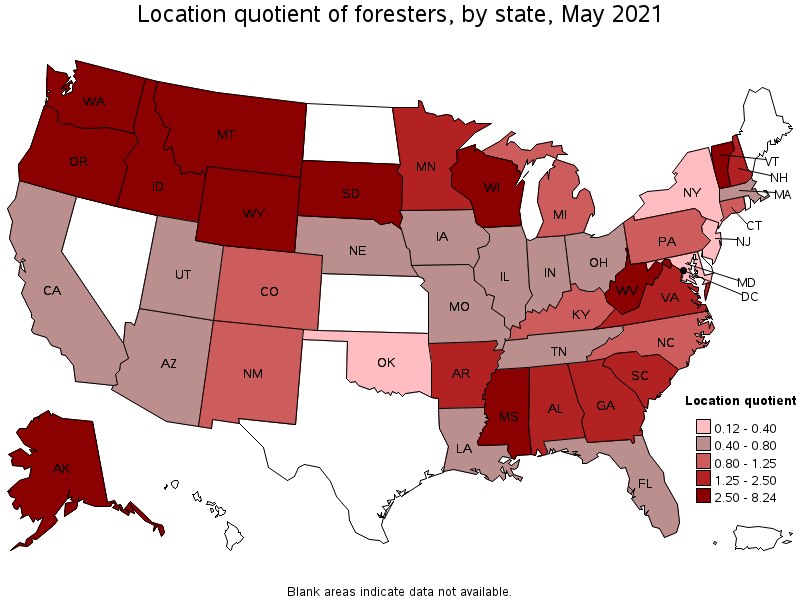Map of location quotient of foresters by state, May 2021