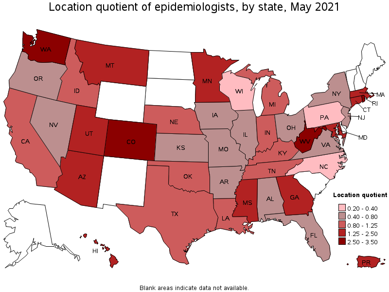 Map of location quotient of epidemiologists by state, May 2021