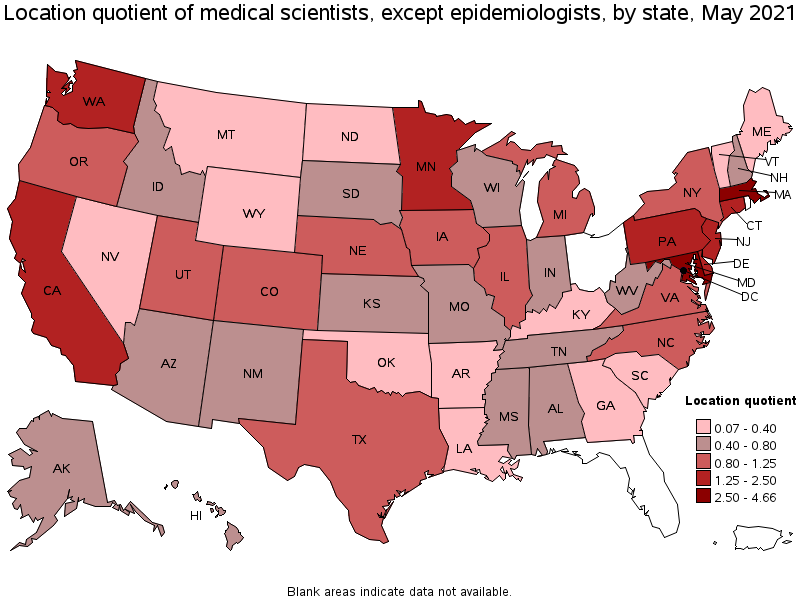 Map of location quotient of medical scientists, except epidemiologists by state, May 2021