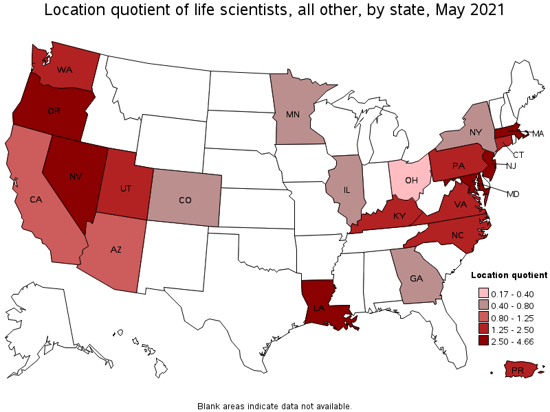 Map of location quotient of life scientists, all other by state, May 2021