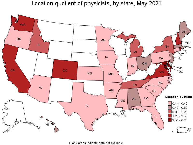 Map of location quotient of physicists by state, May 2021