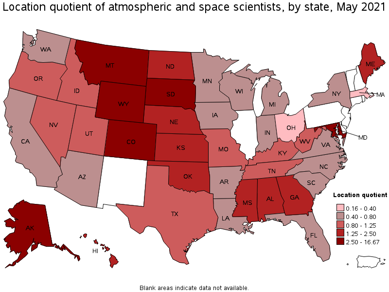 Map of location quotient of atmospheric and space scientists by state, May 2021