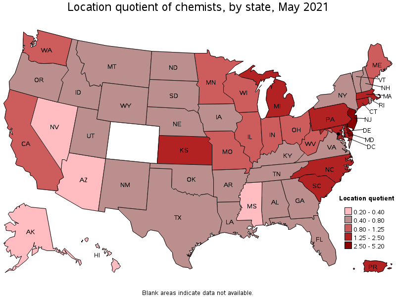 Map of location quotient of chemists by state, May 2021