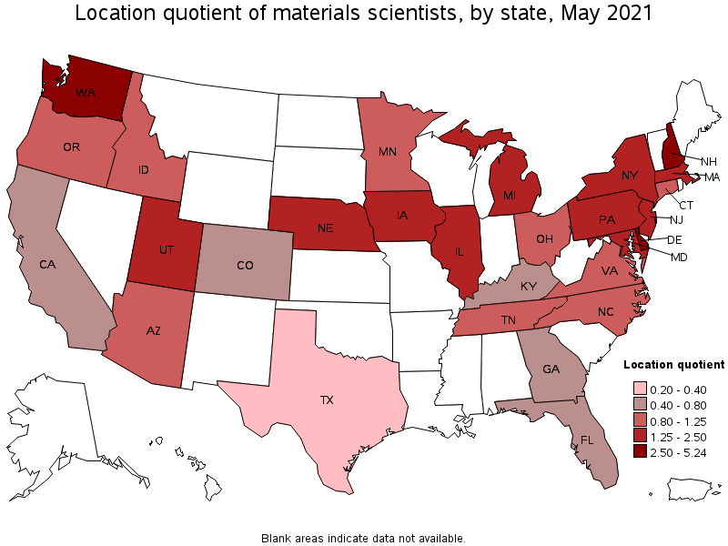 Map of location quotient of materials scientists by state, May 2021