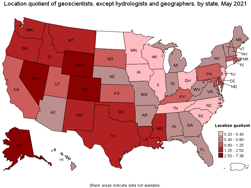 Map of location quotient of geoscientists, except hydrologists and geographers by state, May 2021