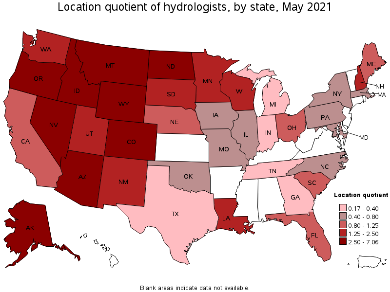 Map of location quotient of hydrologists by state, May 2021