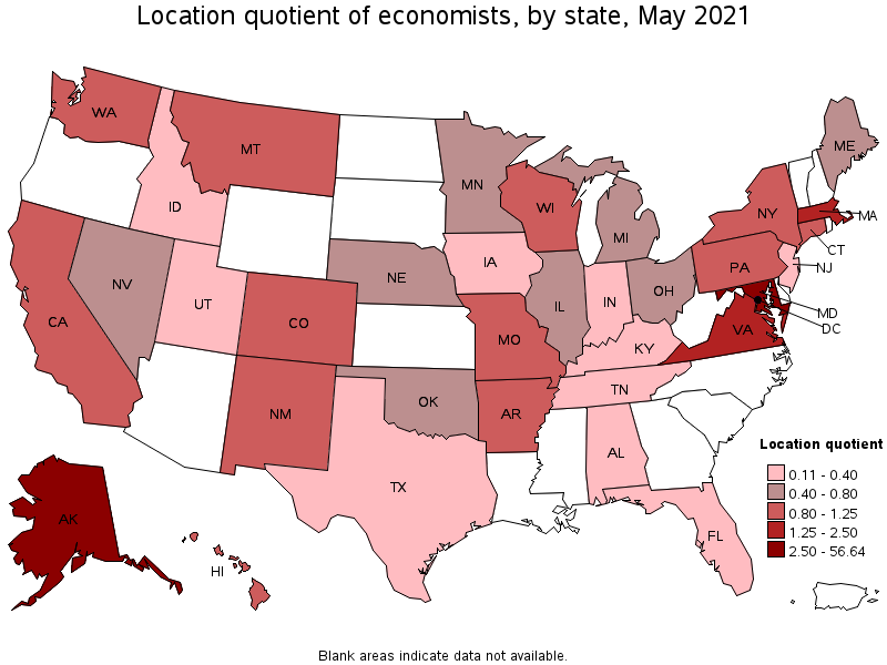 Map of location quotient of economists by state, May 2021