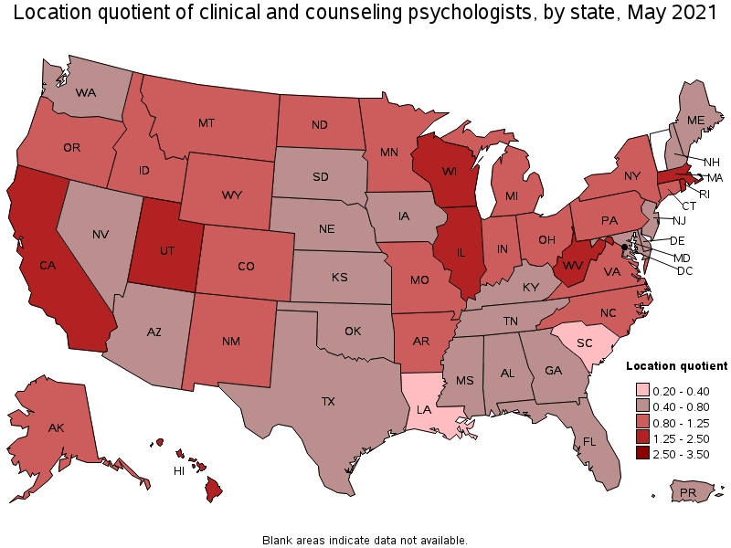 Map of location quotient of clinical and counseling psychologists by state, May 2021