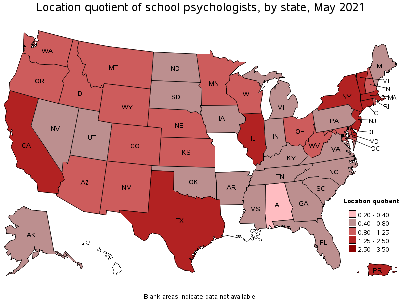 Map of location quotient of school psychologists by state, May 2021