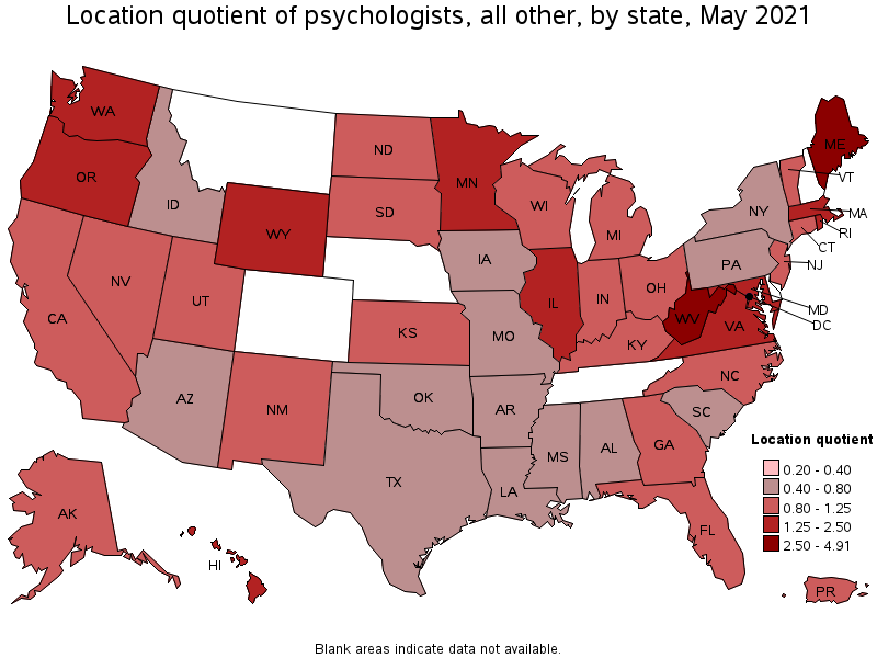 Map of location quotient of psychologists, all other by state, May 2021