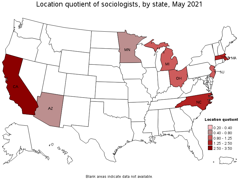 Map of location quotient of sociologists by state, May 2021