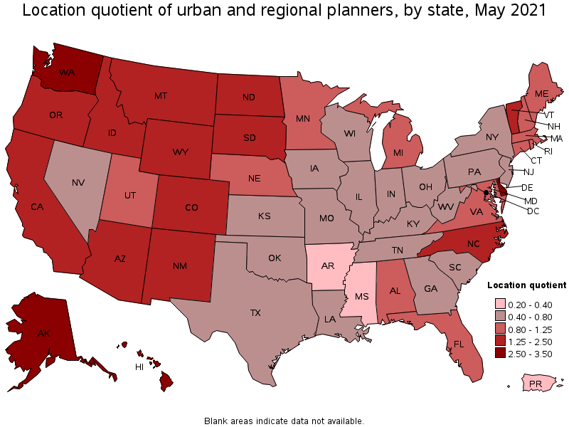 Map of location quotient of urban and regional planners by state, May 2021