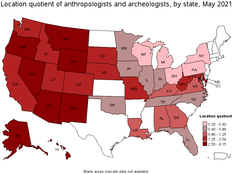 Map of location quotient of anthropologists and archeologists by state, May 2021