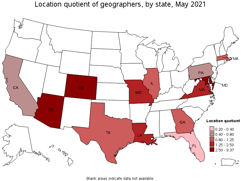 Map of location quotient of geographers by state, May 2021