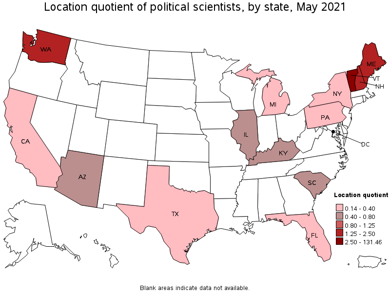 Map of location quotient of political scientists by state, May 2021