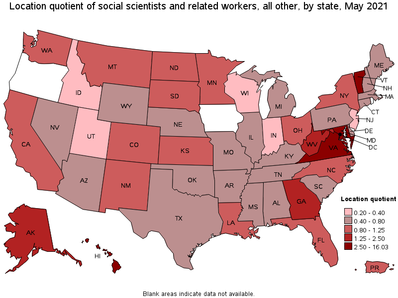 Map of location quotient of social scientists and related workers, all other by state, May 2021
