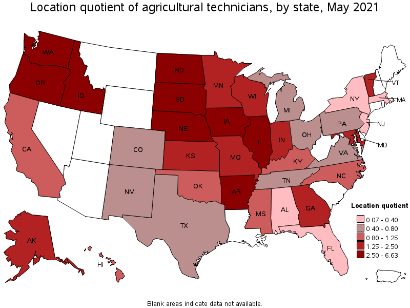 Map of location quotient of agricultural technicians by state, May 2021
