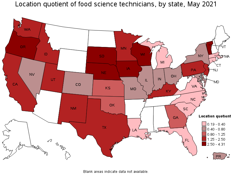 Map of location quotient of food science technicians by state, May 2021