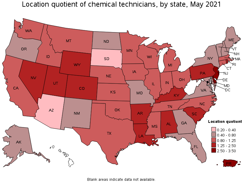 Map of location quotient of chemical technicians by state, May 2021