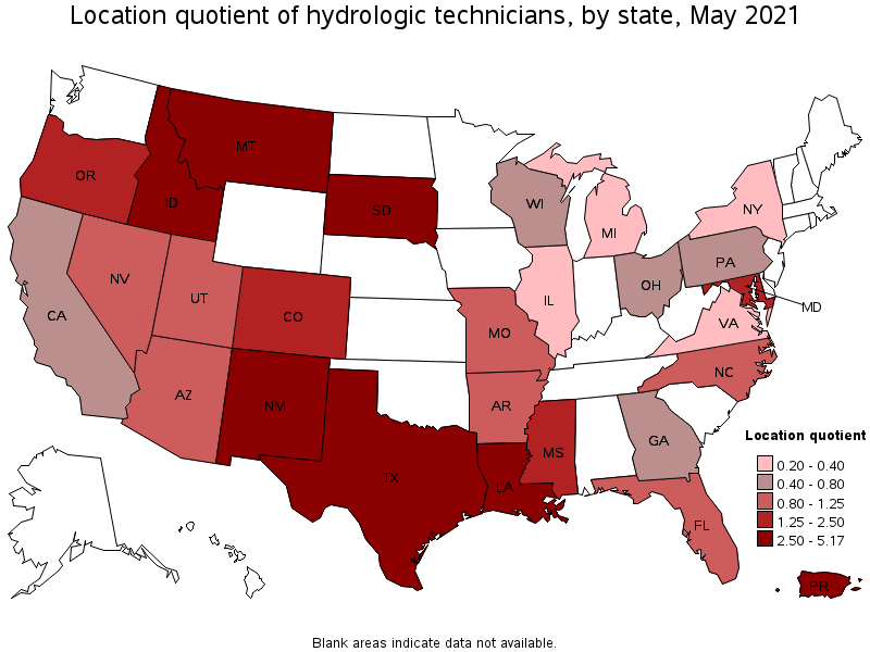 Map of location quotient of hydrologic technicians by state, May 2021
