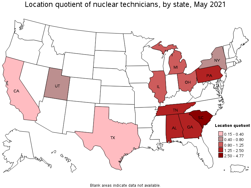 Map of location quotient of nuclear technicians by state, May 2021